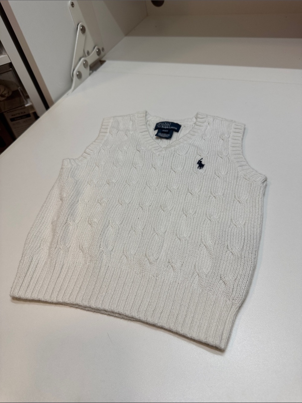 Ralph Lauren Polo children’s White Cable-Knit V-Neck Sweater Vest